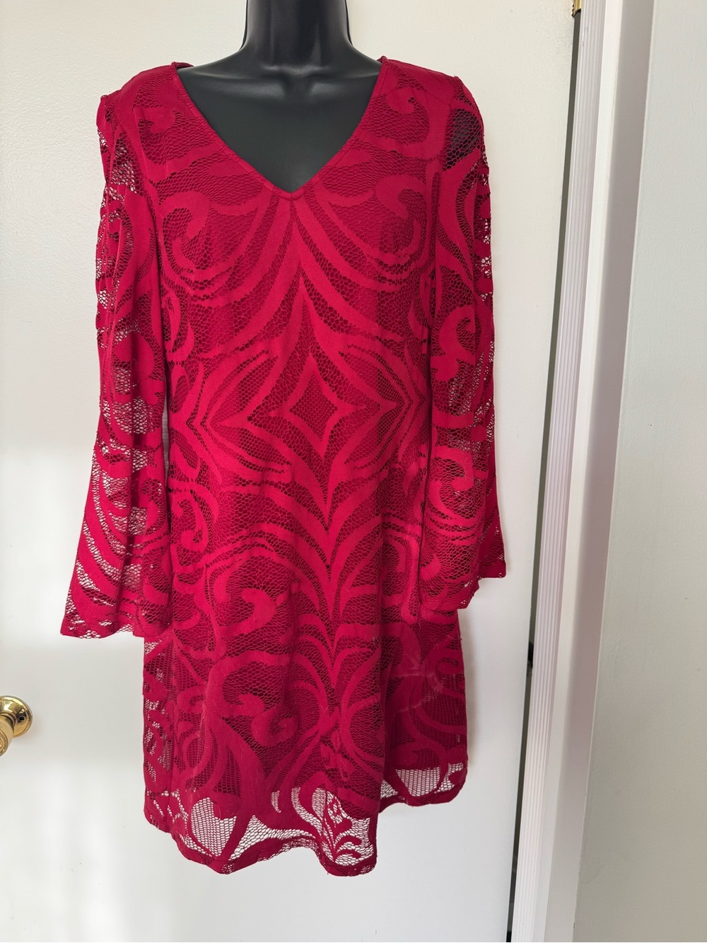 Red Lace Overlay V-Neck Women’s Dress